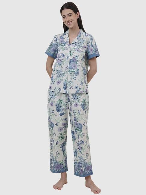 fabindia off-white & blue cotton floral print shirt pyjama set