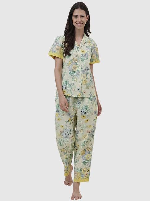 fabindia cream & yellow cotton floral print shirt pyjama set