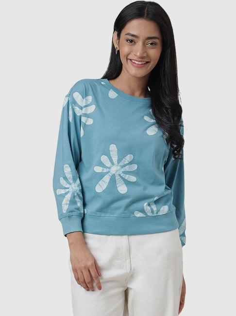 fabindia turquoise cotton printed sweatshirt