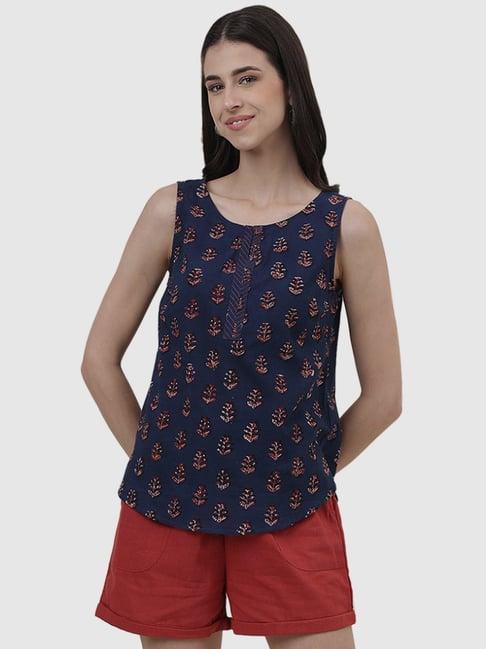 fabindia navy cotton floral print top