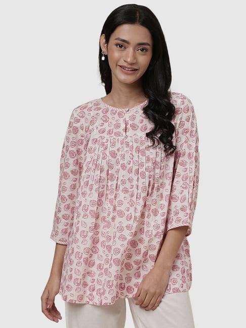 fabindia white & pink cotton printed tunic