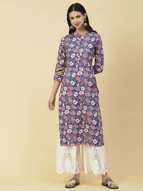 fashor blue cotton floral print straight kurta