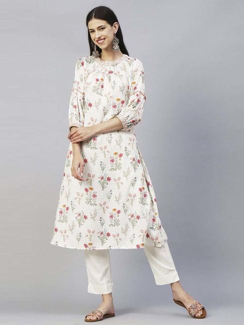 fashor white printed kurta pant set