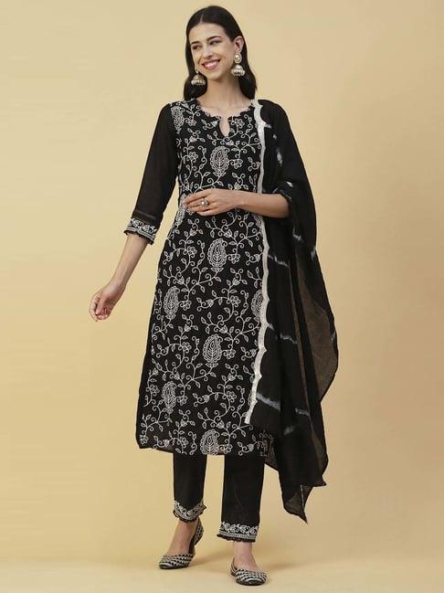 fashor black embroidered kurta pant set with dupatta