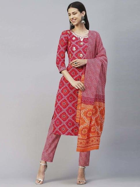 fashor magenta cotton printed kurta pant set with dupatta