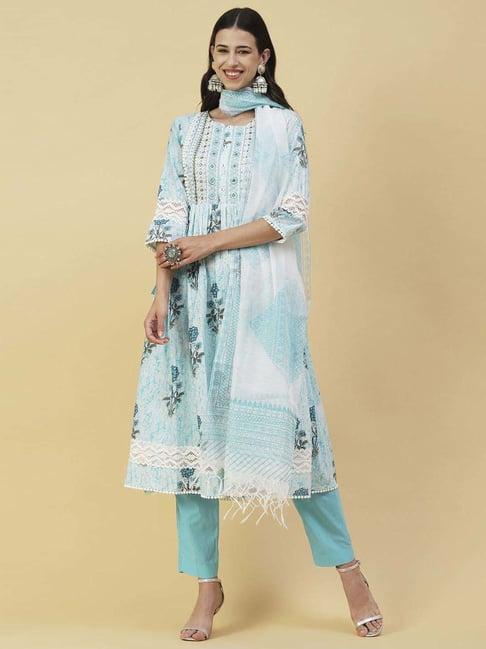 fashor sky blue & white cotton floral print kurta pant set with dupatta