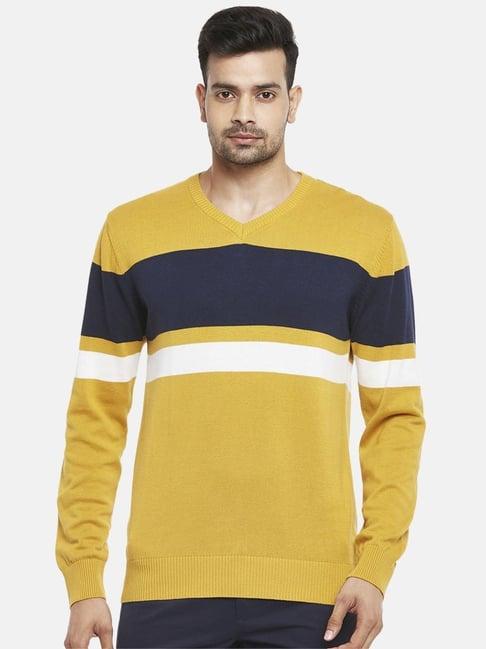 byford by pantaloons yellow & navy cotton regular fit colour block sweaters