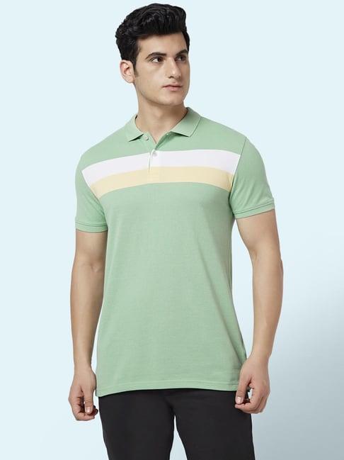 byford by pantaloons light green slim fit striped polo t-shirt