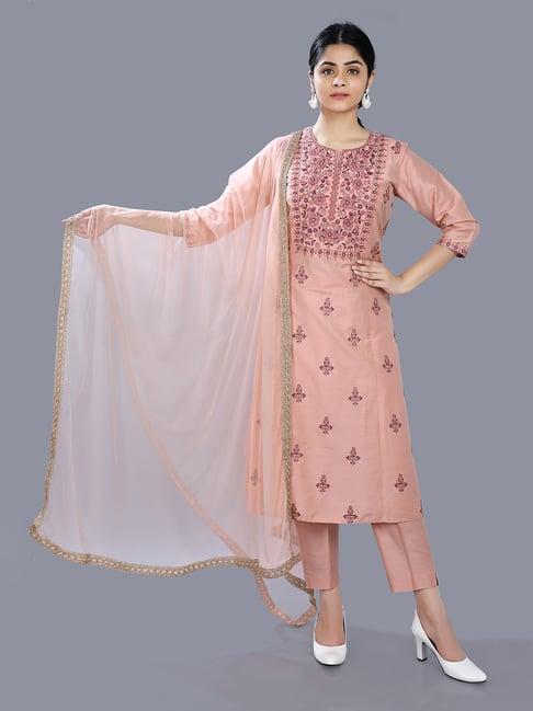 cotton culture peach embroidered kurta with pant & dupatta