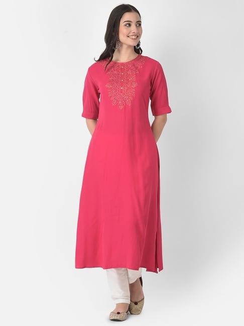 span pink embroidered a line kurta