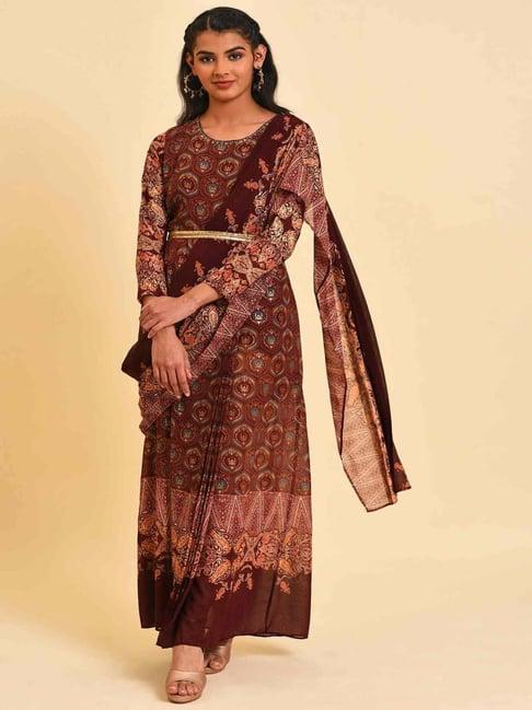 wishful by w maroon printed maxi saree style dress