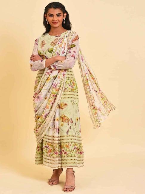 wishful by w green printed maxi saree style dress