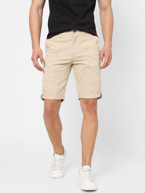 vastrado khaki cotton regular fit printed shorts