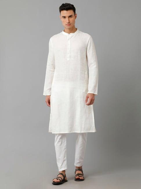 linen club white mandarin collar linen kurta