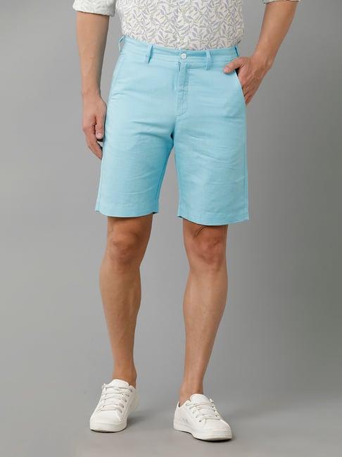 linen club turquoise slim fit linen shorts