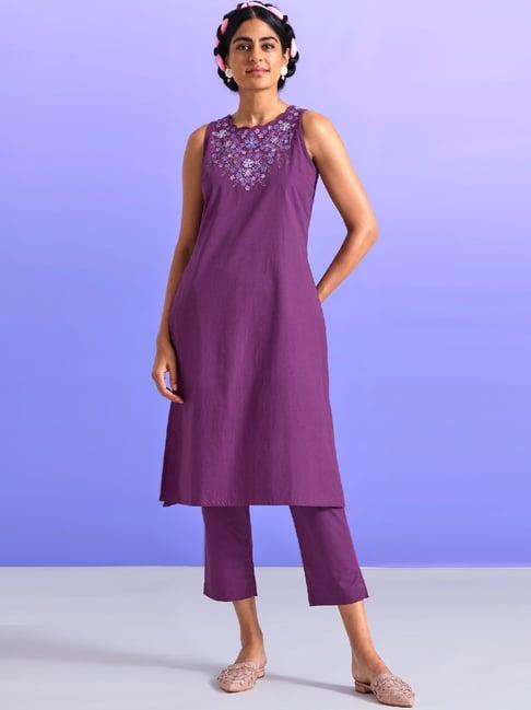 okhai purple embroidered kurta pant set