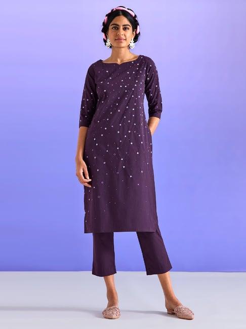 okhai dark purple embellished kurta pant set