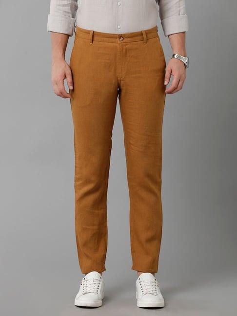 linen club brown slim fit linen flat front trousers