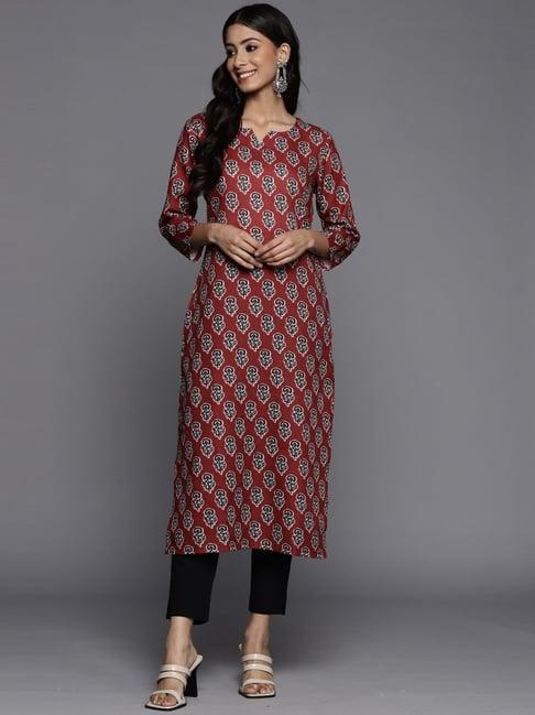 ksut maroon cotton printed straight kurta