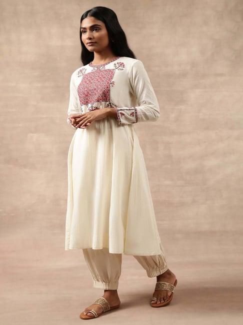 folksong by w off-white cotton embroidered flared kurta