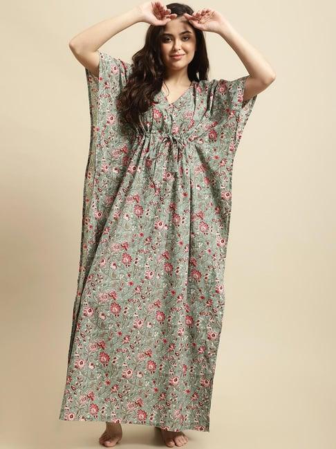 secret wish green cotton printed kaftan nighty