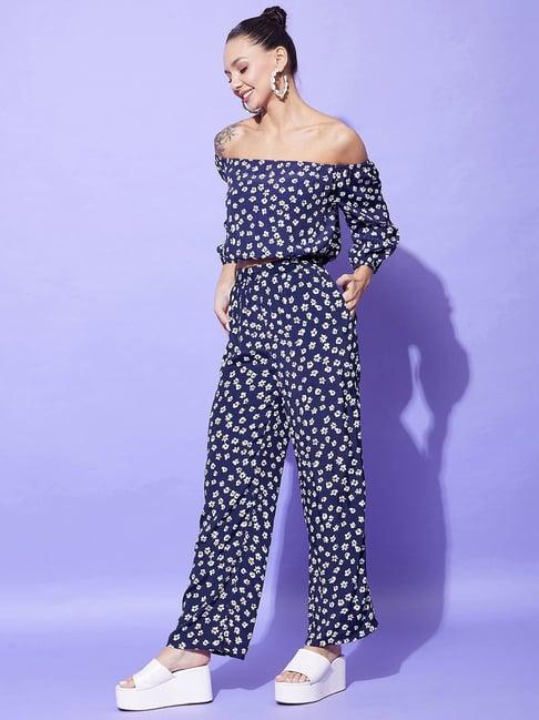 stylestone navy floral print crop top with trousers