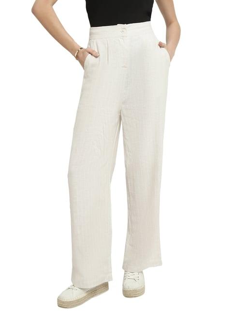 mettle off white striped regular fit mid rise parallel trousers