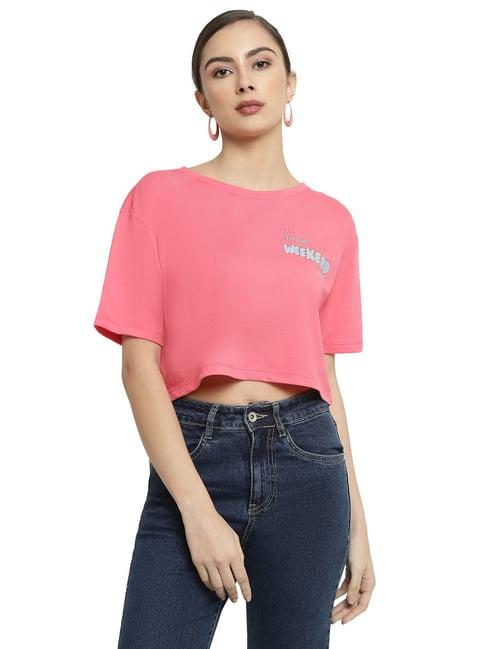 mettle fuchsia cotton printed crop t-shirt