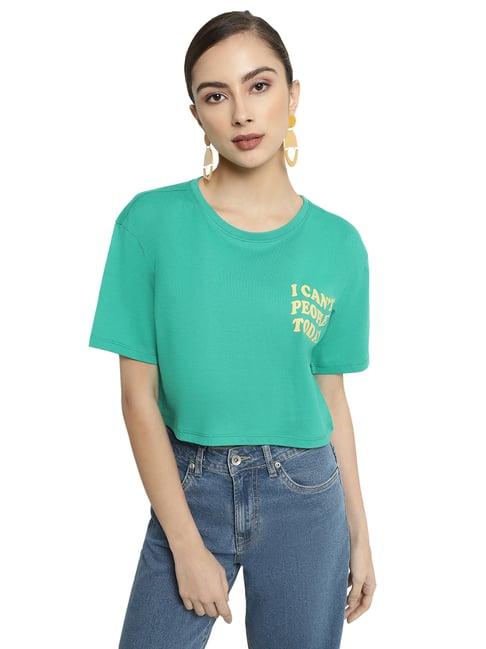 mettle green cotton printed crop t-shirt