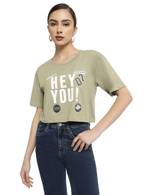 mettle sage green cotton printed crop t-shirt