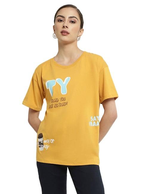 mettle mustard cotton printed t-shirt