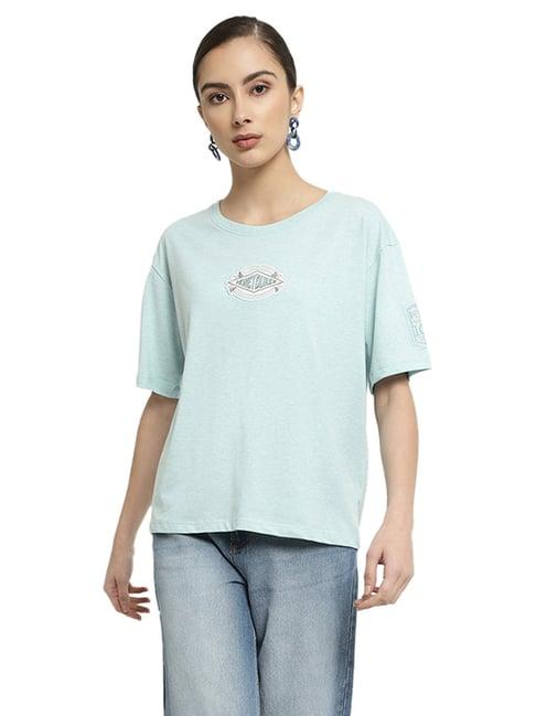 mettle aqua melange cotton printed t-shirt