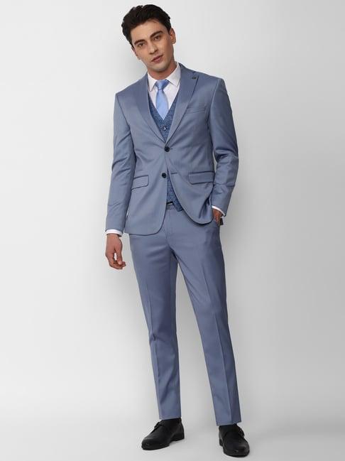 peter england sky blue slim fit notch lapel three piece suit