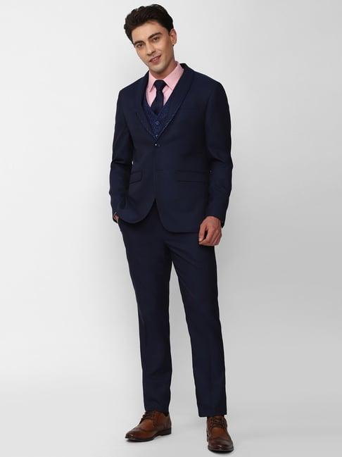 peter england navy slim fit shawl lapel three piece suit