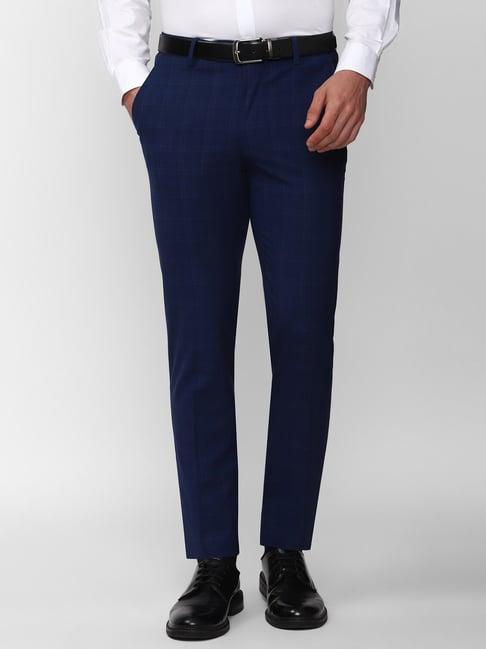 peter england navy slim fit flat front trousers