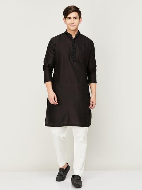 melange by lifestyle black & white cotton regular fit kurta bottom set