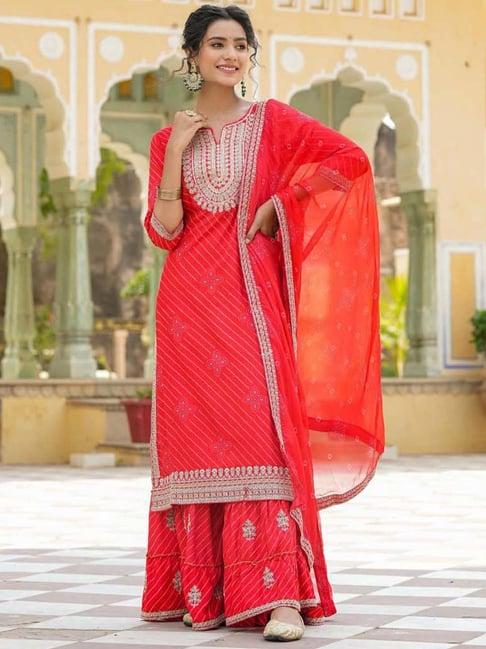 scakhi red embroidered kurta sharara set with dupatta