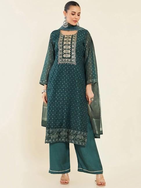 soch dark green embellished chanderi unstitiched dress material