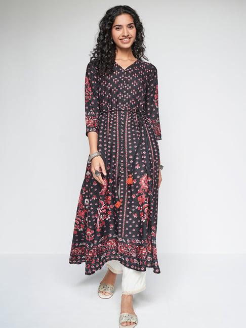 itse black floral print a line kurta