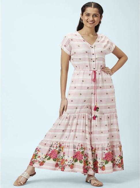 akkriti by pantaloons pink & white printed a-line jumpsuit