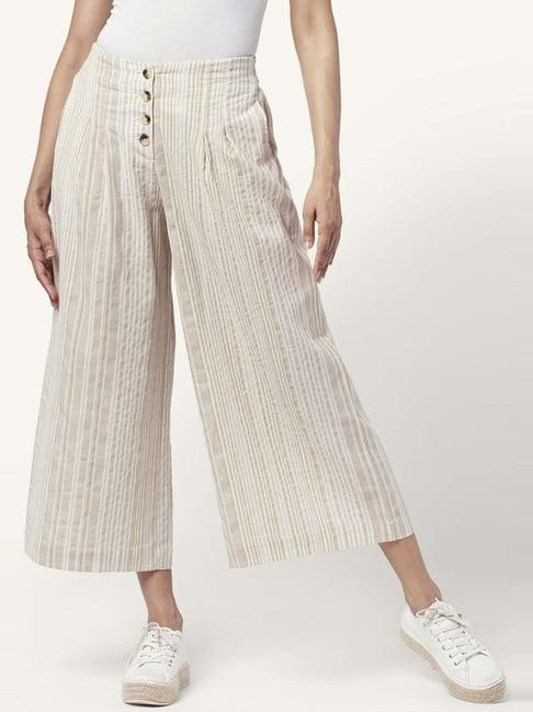 akkriti by pantaloons beige cotton striped culottes