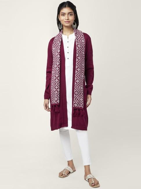 rangmanch by pantaloons wine jacquard pattern cape