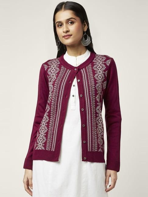 rangmanch by pantaloons maroon jacquard pattern cardigan