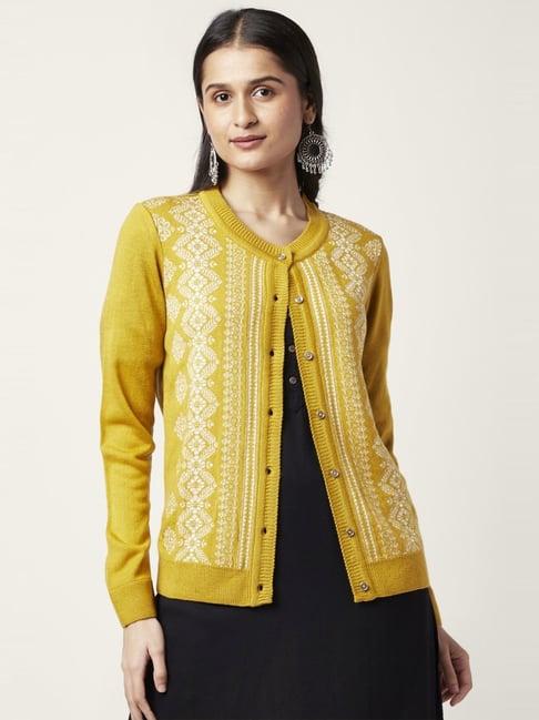 rangmanch by pantaloons mustard jacquard pattern cardigan