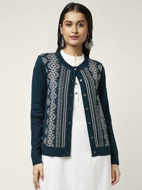 rangmanch by pantaloons teal blue jacquard pattern cardigan