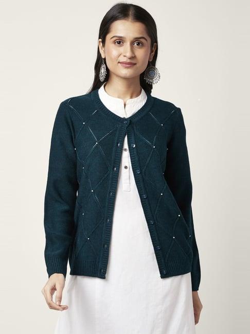 rangmanch by pantaloons teal blue self pattern cardigan