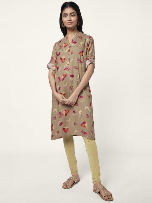 rangmanch by pantaloons brown printed straight kurta