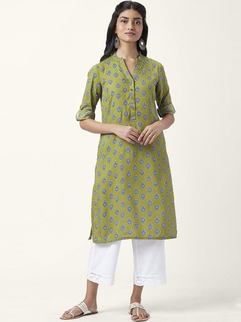 rangmanch by pantaloons green printed straight kurta