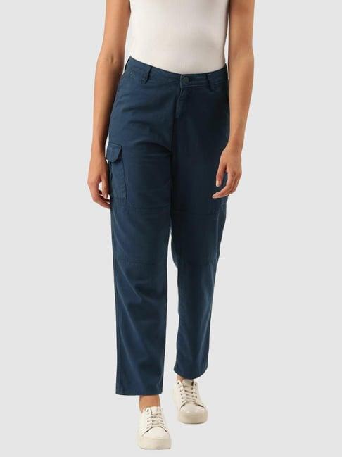 ivoc teal cotton regular fit mid rise trousers