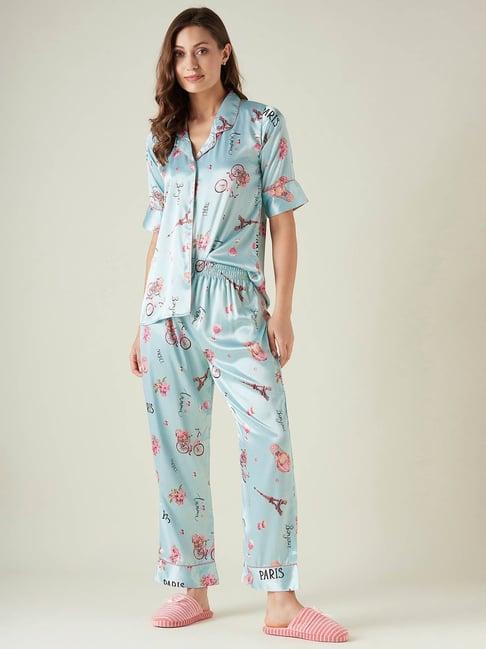 the kaftan company blue printed shirt with lounge pants